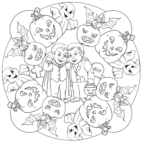 Halloween Mandala With Drakula, Frankenstein, Ghost, And Jack O Lanterns Coloring Page